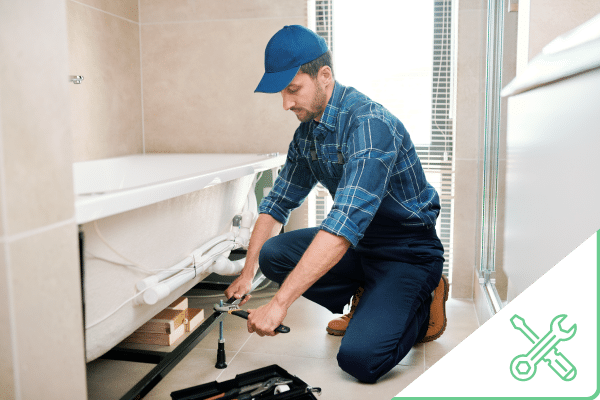 Construction worker working on bathroom tub plumbing