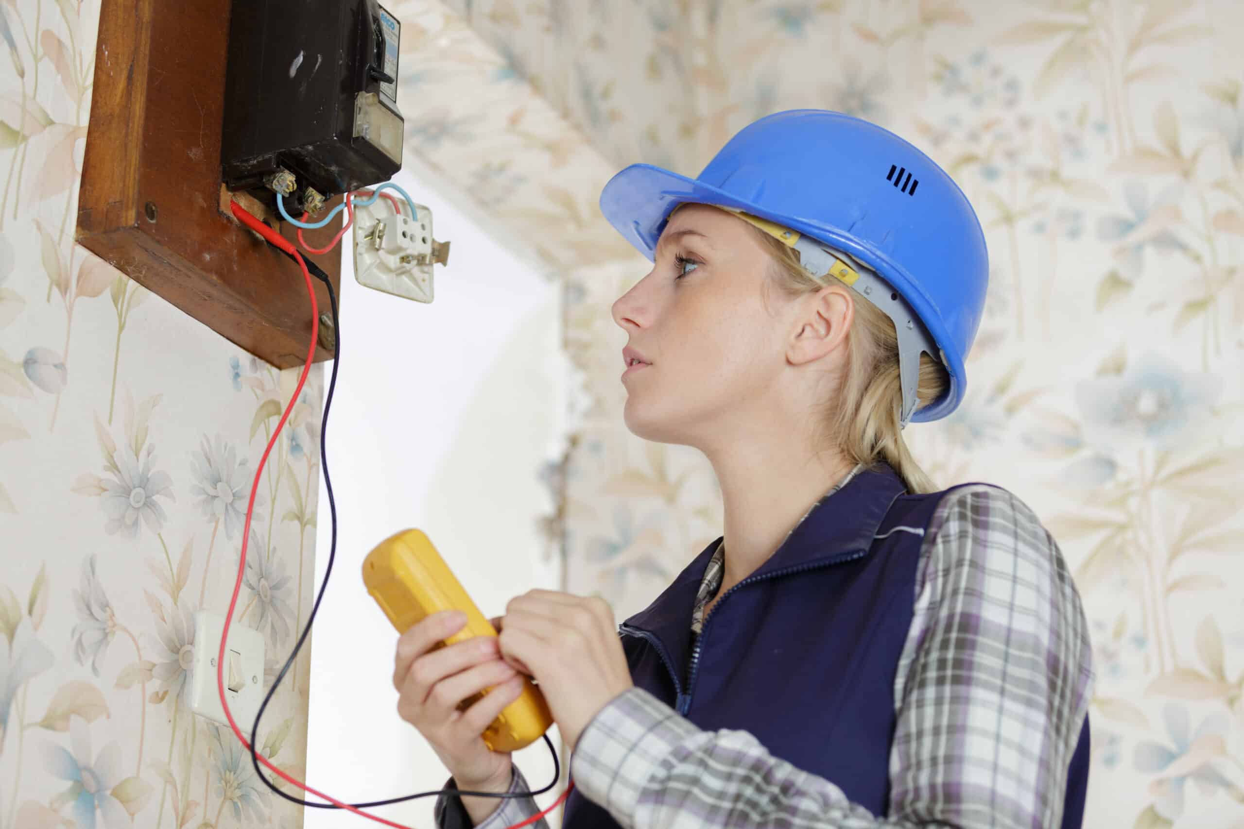 Woman electrician checking old phone current