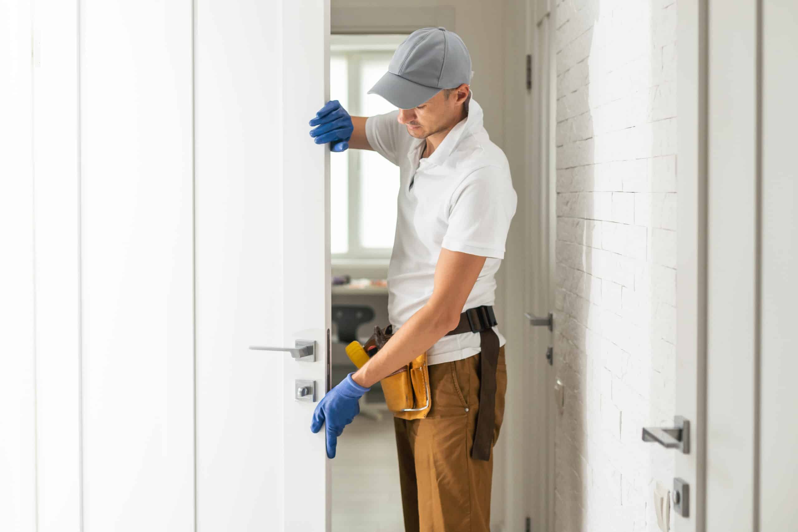 Construction worker installing interior door in home