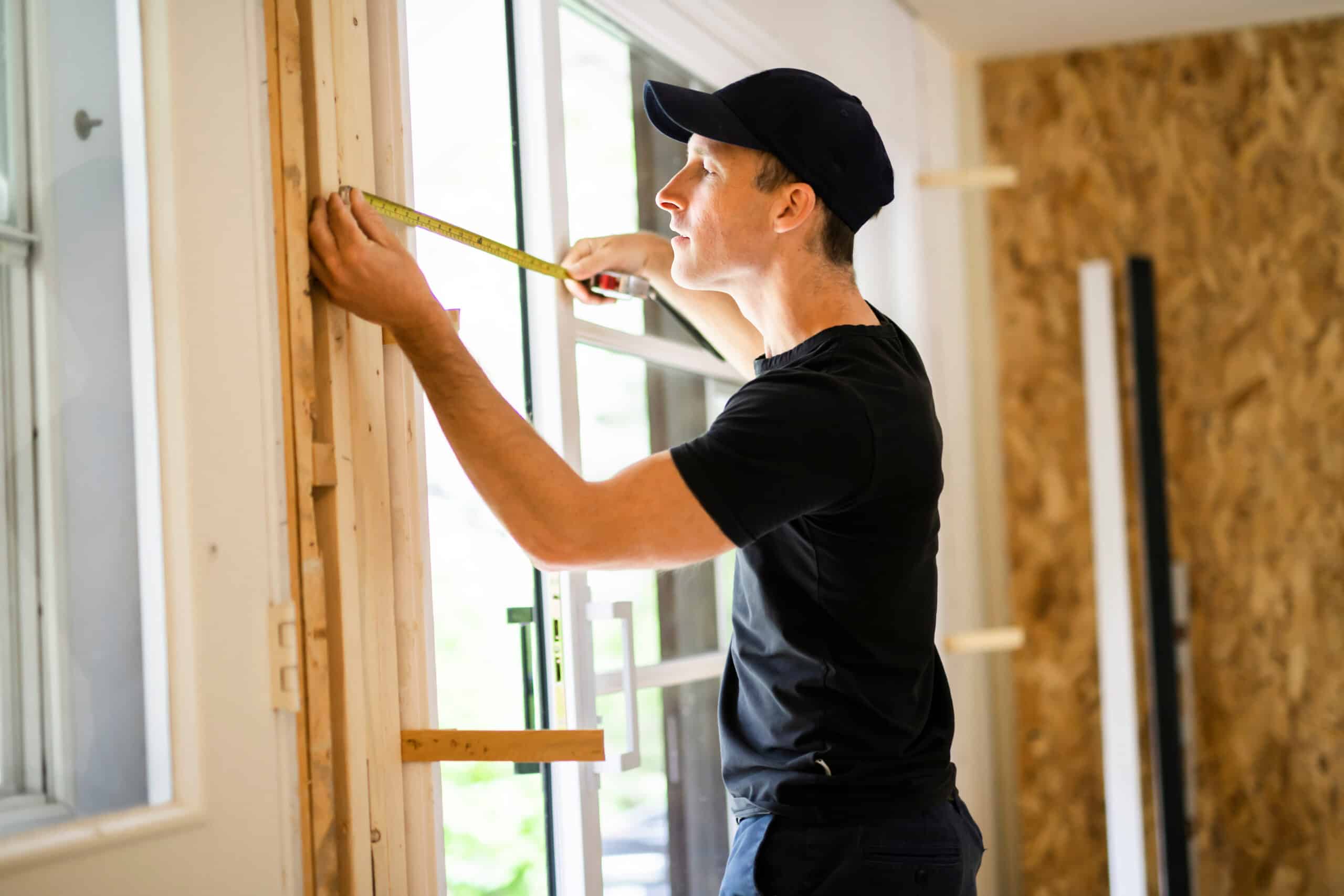 Construction worker measuring door to widen doorway in home